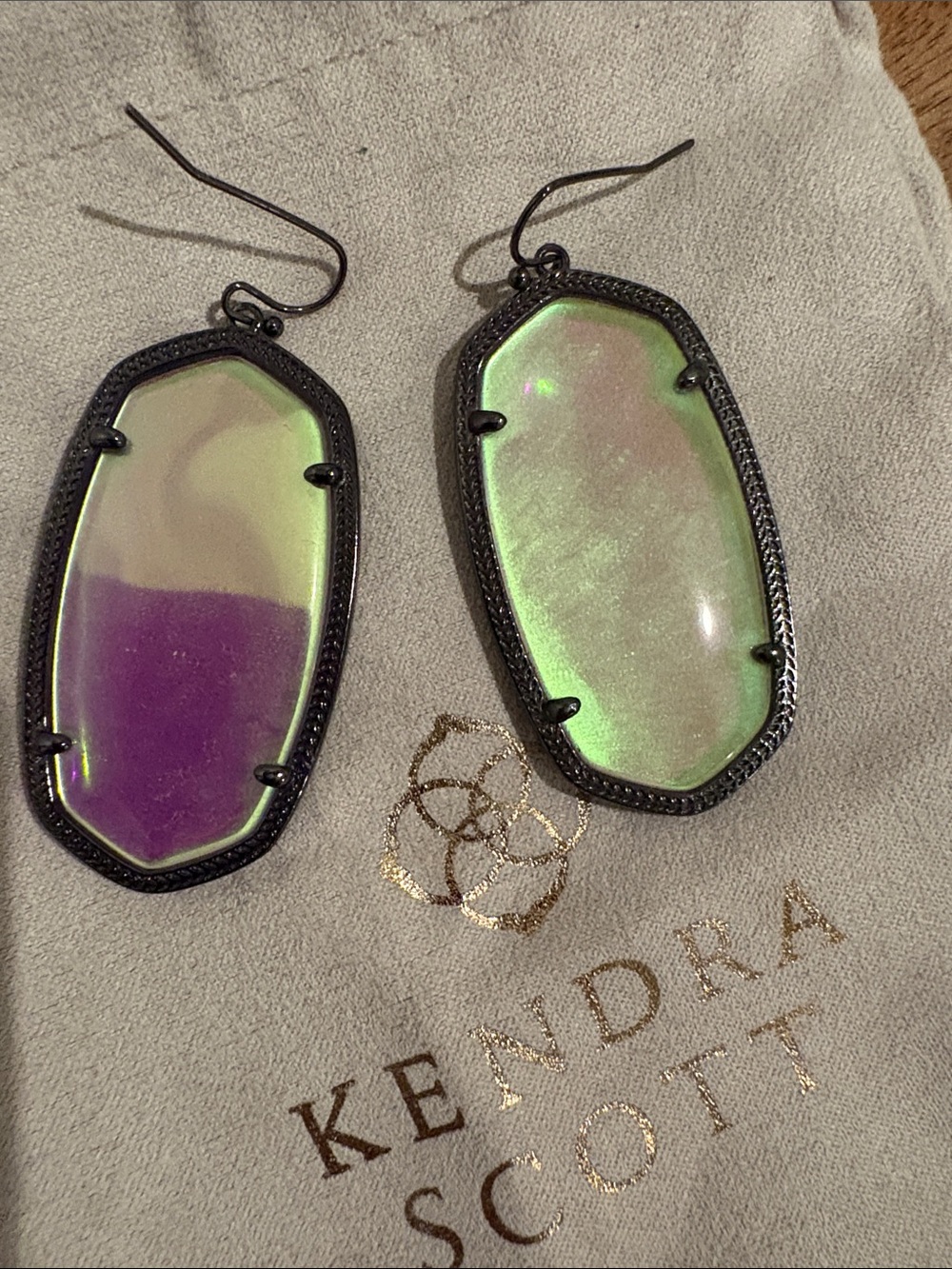 Kendra Scott Iridescent Green & Purple Glass Drop Earrings in Dark Metal